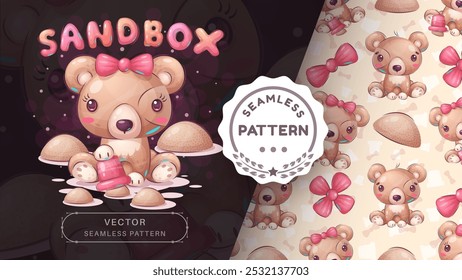 Seamless Pattern Cartoon character adorable play bear, pretty animal idea for print t-shirt, poster and kids envelope, postcard. Cute hand drawn style bear girl. Vector eps 10