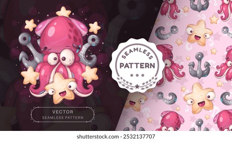 Seamless pattern cartoon character adorable squid, pretty animal idea for print t-shirt, poster and kids envelope, postcard. Cute hand drawn style sea ​​creatures. Vector eps 10