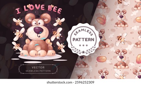 Seamless pattern cartoon character adorable bear with bee, pretty animal idea for print t-shirt, poster and kids envelope, postcard. Cute hand drawn style bear. Vector eps 10