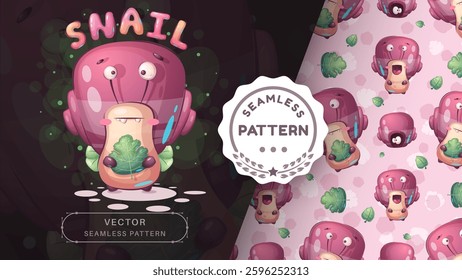 Seamless pattern cartoon character adorable snail, pretty animal idea for print t-shirt, poster and kids envelope, postcard. Cute hand drawn style snail. Vector eps 10