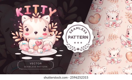 Seamless pattern cartoon character adorable kitty with heart, pretty animal idea for print t-shirt, poster and kids envelope, postcard. Cute hand drawn style cat. Vector eps 10