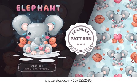 Seamless pattern cartoon character adorable elephant with heart, pretty animal idea for print t-shirt, poster and kids envelope, postcard. Cute hand drawn style elephant. Vector eps 10