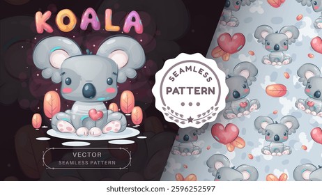 Seamless pattern cartoon character adorable koala with heart, pretty animal idea for print t-shirt, poster and kids envelope, postcard. Cute hand drawn style koala. Vector eps 10