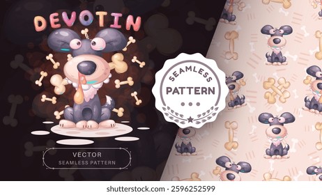 Seamless pattern cartoon character adorable dog, pretty animal idea for print t-shirt, poster and kids envelope, postcard. Cute hand drawn style puppy. Vector eps 10