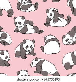 Seamless pattern with cartoon character asian bear (panda) on a light pink background. Vector illustration.