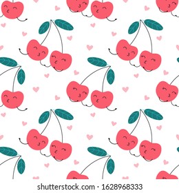 Seamless pattern cartoon character of cherry in love, sweet kiss. Print for wrapping, fabric, wallpaper, texture. Vector illustration on a white background.