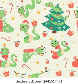 Seamless pattern cartoon character christmas snake hand drawn