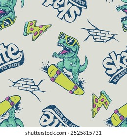 Seamless pattern of a cartoon character dinosaur riding a skateboard and typography