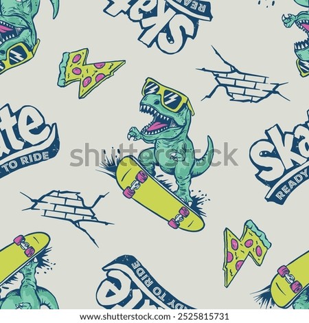 Seamless pattern of a cartoon character dinosaur riding a skateboard and typography