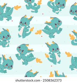 Seamless pattern cartoon character dragon in flat