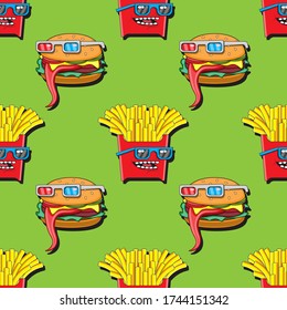 seamless pattern cartoon character fries and Burger in glasses on a green background. Vector image eps 10