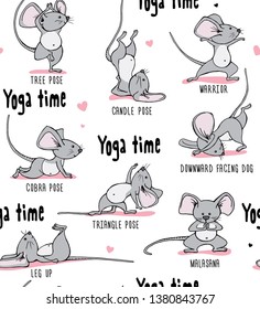 Seamless pattern. Cartoon character Little gray Mouse on a white background. Practicing Yoga. Healthy Lifestyle. Textile composition, hand drawn style print. Vector illustration.