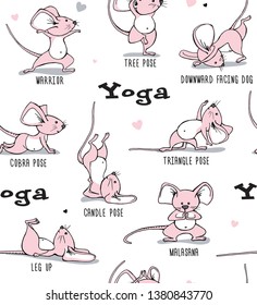 Seamless pattern. Cartoon character Little pink Mouse on a white background. Practicing Yoga. Healthy Lifestyle. Textile composition, hand drawn style print. Vector illustration.