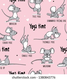 Seamless pattern. Cartoon character Little gray Mouse on a pink background. Practicing Yoga. Healthy Lifestyle. Textile composition, hand drawn style print. Vector illustration.