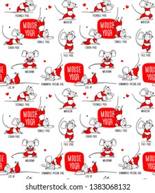 Seamless pattern. Cartoon character Little gray mouse in red clothes. Practicing Yoga. Healthy Lifestyle. Textile composition, hand drawn style print. Vector illustration.