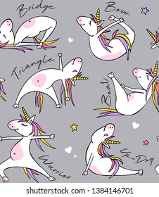 Seamless pattern. Cartoon character Little white Unicorn on a gray background. Practicing Yoga. Healthy Lifestyle. Textile composition, hand drawn style print. Vector illustration.