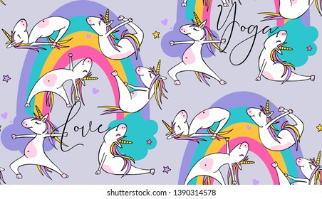 Seamless pattern. Cartoon character Little white Unicorn on a rainbow background. Practicing Yoga. Healthy Lifestyle. Textile composition, hand drawn style print. Vector illustration.