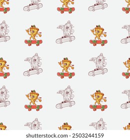 seamless pattern of a cartoon character of a pizza playing skateboard