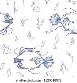Seamless pattern with cartoon character a predatory fish and seaweed on white background