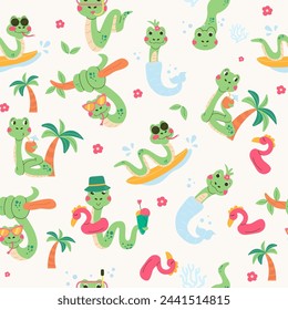 Seamless pattern cartoon character summer snake hand drawn