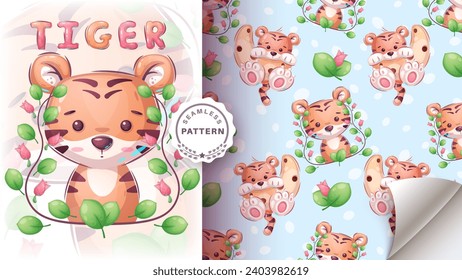 Seamless pattern cartoon character tiger, pretty animal idea for print t-shirt, poster and kids envelope, postcard. Cute hand drawn style tiger. Vector eps 10