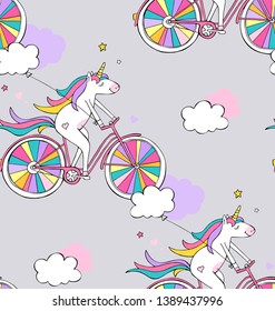 Seamless pattern. Cartoon character Unicorn with a cloud balloon on a bike with a rainbow wheels. Textile composition, hand drawn style print. Vector illustration.
