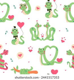 Seamless pattern cartoon character Valentines day snake hand drawn