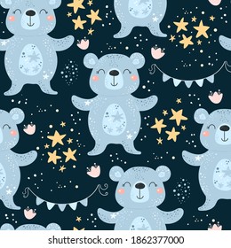 Seamless pattern with Cartoon characters bear and flower on a color background. Vector print.