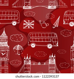 Seamless pattern cartoon characters of Britain: Big Ben, bus, bridge, umbrella, teapot, flag, clouds. Vibrant vector background hand drawn.