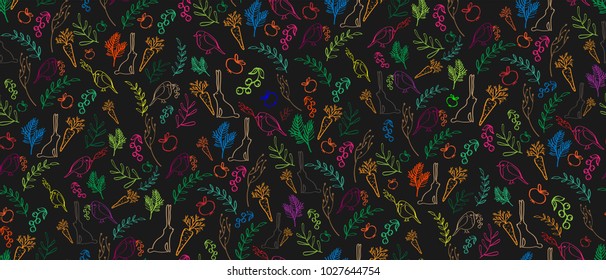 Seamless pattern with cartoon characters. Seamless pattern children's hand drawing Cute bunny rabbit and bird, floral elements on black background for kids fabric, textile, wrapping paper Vector EPS10
