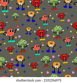 Seamless pattern with cartoon characters. Funny vegetable characters. Suitable for textiles, packaging.