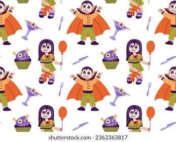 Seamless pattern of cartoon characters at Halloween party dressed as a vampire, zombie doll.
