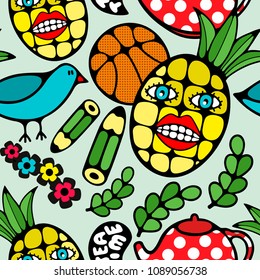 Seamless pattern with cartoon characters. Hand drawn vector illustration of pineapple, school pencils and basketball ball.