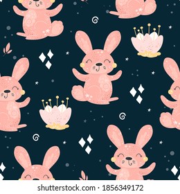 Seamless pattern with Cartoon characters Rabbit with flower on a blue background