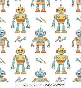 Seamless pattern of cartoon characters robots and droids. Background from cute children's robot toys. Vector