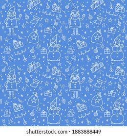 Patrón sin foco con personajes de dibujos animados de Santa, Snowman y bolsa de regalo. Diseño de vectores para papel de envoltura, tarjeta de saludo, tela. Doodle de línea de arte elementos de Año Nuevo aislados en fondo azul.