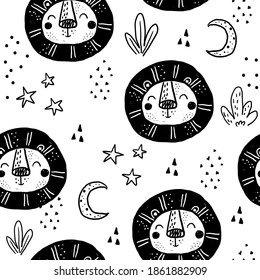 Seamless pattern with Cartoon characters scandinavian lion. Hand drawn seamless pattern with triangles on white background. For wrapping, surface design, wallpaper, greeting cards