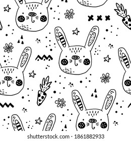 Patrón sin problemas con personajes de caricatura Conejo Escandinavo. Patrón sin fisuras dibujado a mano con triángulos sobre fondo blanco. Para envoltura, diseño de superficie, papel de pared, tarjetas de felicitación