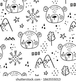 Seamless pattern with Cartoon characters scandinavian bear. Hand drawn seamless pattern with triangles on white background. For wrapping, surface design, wallpaper, greeting cards