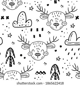 Seamless pattern with Cartoon characters scandinavian deer. Hand drawn seamless pattern with triangles on white background. For wrapping, surface design, wallpaper, greeting cards