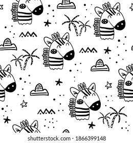 Seamless pattern with Cartoon characters scandinavian zebra. Hand drawn seamless pattern with triangles on white background. For wrapping, surface design, wallpaper, greeting cards