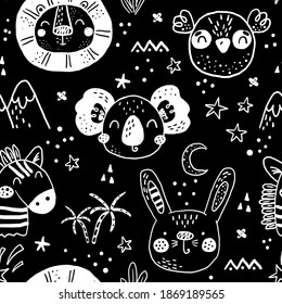 Seamless pattern with Cartoon characters scandinavian lion, zebra, koala, owl, rabbit. Hand drawn seamless pattern with triangles on black background.