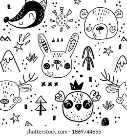 Seamless pattern with Cartoon characters scandinavian bear, fox, deer, owl, rabbit. Hand drawn seamless pattern with triangles on white background.