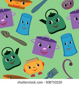 Seamless pattern with cartoon characters: teapot, ladle, pot, plate, spoon, fork, salt, toaster.