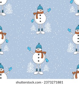 Seamless pattern of cartoon cheerful christmas snowmen with frozen fir trees