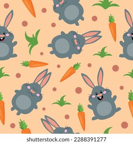 Seamless pattern with cartoon cheerful rabbit and carrot. Design for fabric, wrapping, wallpapers, covers.