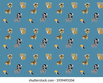 Seamless pattern of cartoon cheerful rainbow toucans, leopards, giraffes, and zebras with white outlines like stickers on a blue background. Vector.