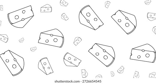 A seamless pattern of cartoon cheese slices with holes, scattered across a white background.