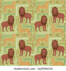 Seamless pattern of cartoon cheetah and lion. Repeatable textile african print with ethnic ornament elements.