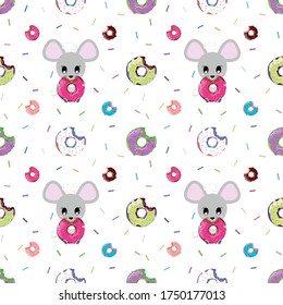 Seamless pattern with cartoon chef and donuts. Children's bright cute vector drawing for cover, textile, fabric, Wallpaper, greetings, etc.